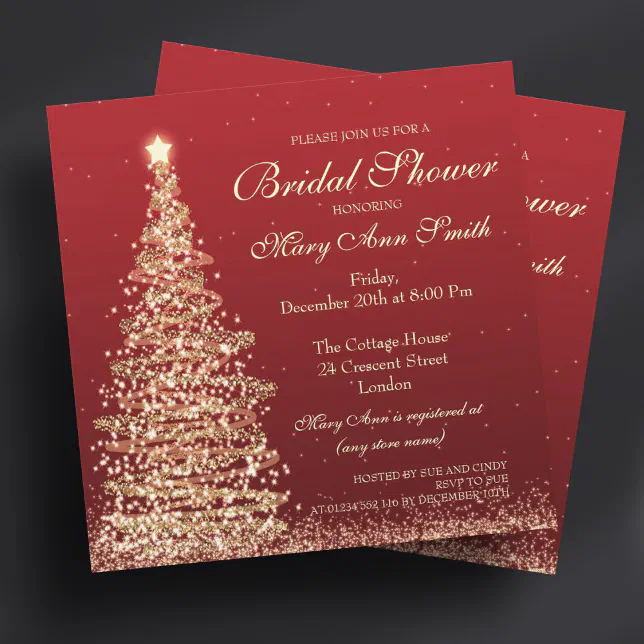 Elegant Christmas Bridal Shower Red Gold Invitation | Zazzle