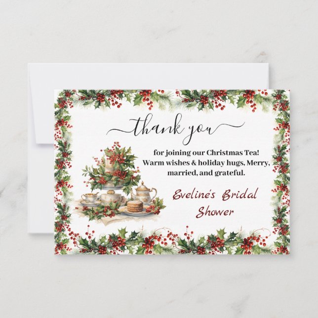 Elegant Christmas Bridal Shower Tea Party  Thank You Card (Front)
