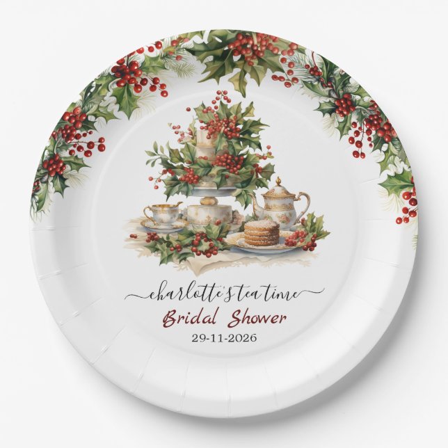 Elegant Christmas Bridal Shower Tea Time Party Paper Plates (Front)