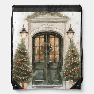 Elegant Christmas Brownstone Door Drawstring Bag