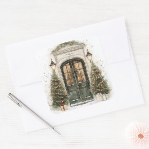 Elegant Christmas Brownstone Door Square Sticker