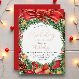 Elegant Christmas Brunch Floral Wreath Foil Invitation