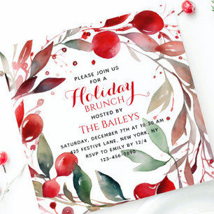 Elegant Christmas Brunch Red Floral Wreath Invitation
