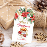 Elegant Christmas brunch tea party template Gift Tags<br><div class="desc">Elegant Christmas tea party brunch editable template gift tag,  watercolor tea cup and saucer pines gold red baubles snowflakes poinsettia Christmas gift tags.</div>