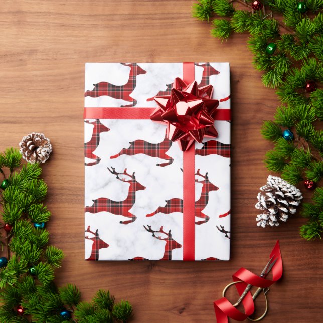 Elegant Christmas Buffalo Plaid Reindeer & Marble Wrapping Paper (Holiday Gift)