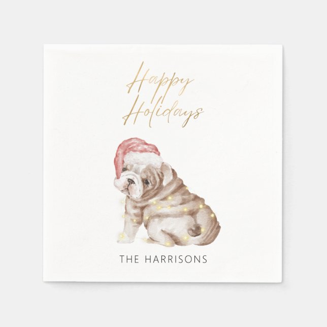 Elegant Christmas Bulldog Dog Gold Foil Holiday Napkins (Front)
