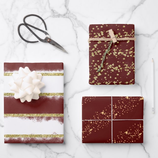 Elegant Christmas Burgundy & Gold Glitter-Print Wrapping Paper Sheets (Front)