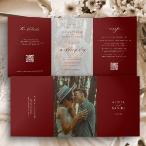 Elegant Christmas burgundy photo wedding RSVP QR Tri-Fold Invitation