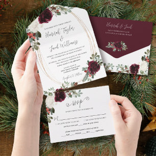 Elegant Christmas Burgundy Winter Wedding All In One Invitation