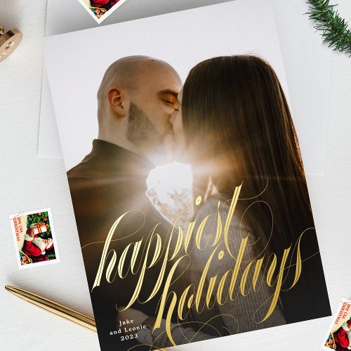 Elegant Christmas Calligraphy One Photo Foil Holiday Card