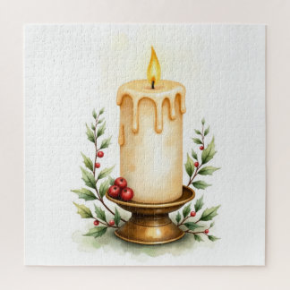 Elegant Christmas Candle & Greenery Red Berries Jigsaw Puzzle