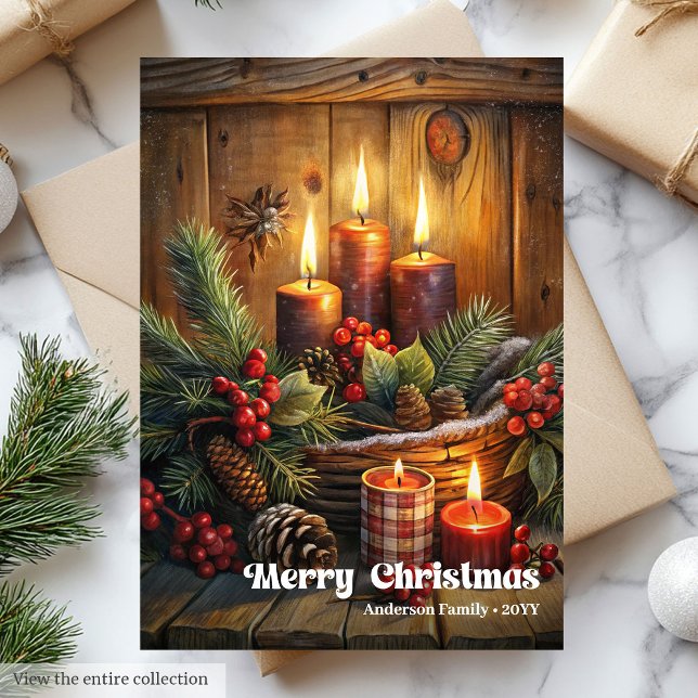 Elegant Christmas candles rustic wreath holiday (Elegant Christmas bells rustic wreath holiday card)