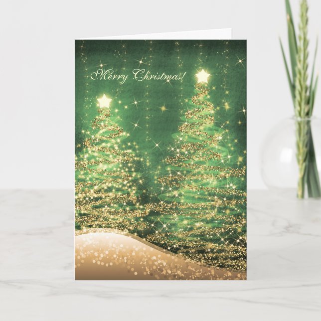 Elegant Christmas Cards Sparkling Trees Green (Front)