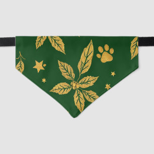 Elegant Christmas Cat Bandana – Gold & Green Holly Pet Bandana Collar