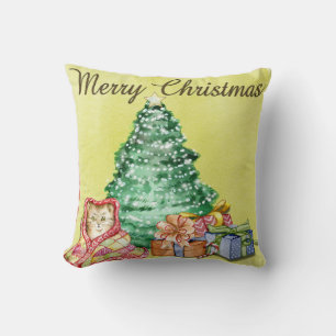 Elegant Christmas Cat Tree Presents Personalized Throw Pillow