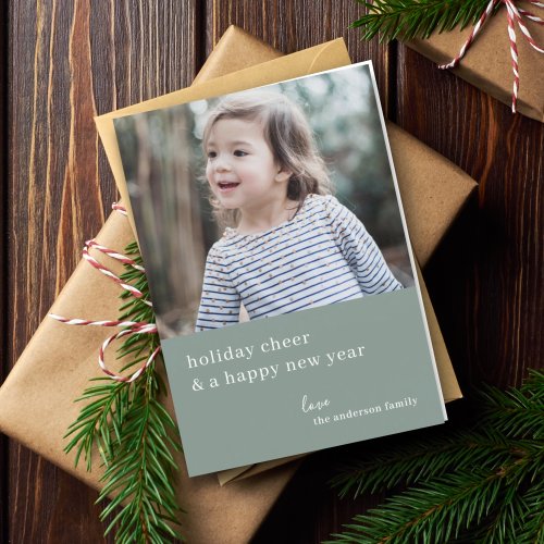 Elegant Christmas Cheer  Grayish Green Photo Chic Holiday Card
