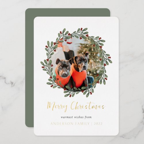 Elegant Christmas Cherry Sage Wreath Photo Foil Holiday Card