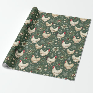 Elegant Christmas Chickens on Holiday Green Wrap Wrapping Paper