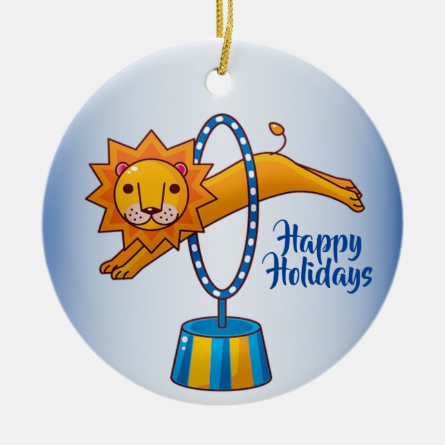 Elegant Christmas Circus Lion Holidays Blue Ceramic Ornament (Front)