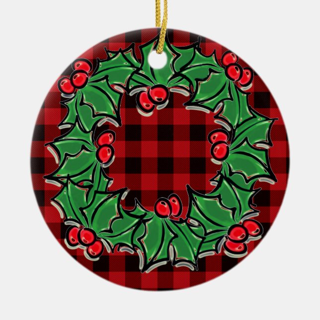 Elegant Christmas classic Red Plaid Holly berries  Ceramic Ornament (Front)