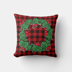 Elegant Christmas classic Red Plaid Holly berries Throw Pillow