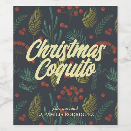 Elegant Christmas Coquito Winter Botanical  Wine Label