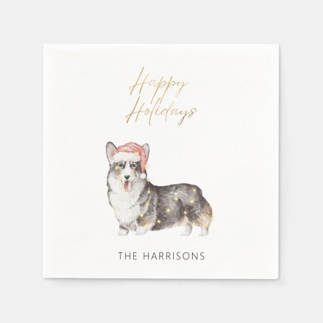 Elegant Christmas Corgi Dog Gold Foil Holiday Napkins (Front)