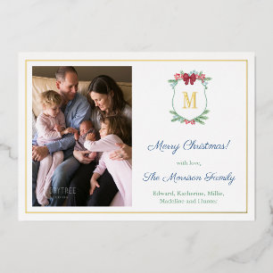 Elegant Christmas Crest Greenery Berries Picture Foil Holiday Card