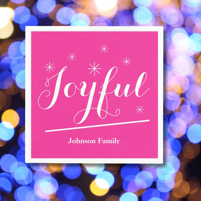 Elegant Christmas Custom Family Name Cute Pink  Napkins (Spice up the party with these Joyful hot ping paper napkins.)