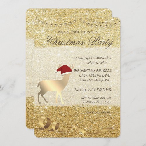 Elegant Christmas Deer Glittery Christmas Party Invitation