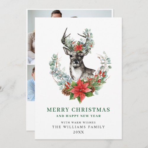 Elegant Christmas Deer Poinsettia Greeting 3 Photo Holiday Card