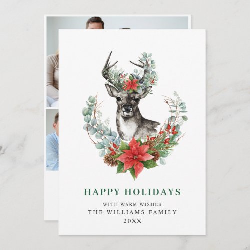 Elegant Christmas Deer Poinsettia Greeting 3 Photo Holiday Card