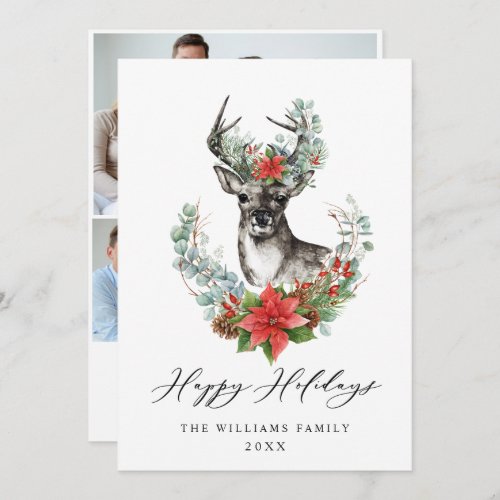Elegant Christmas Deer Poinsettia Greeting 3 Photo Holiday Card