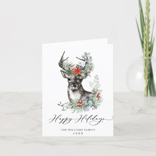 Elegant Christmas Deer Poinsettia Greeting Holiday Card