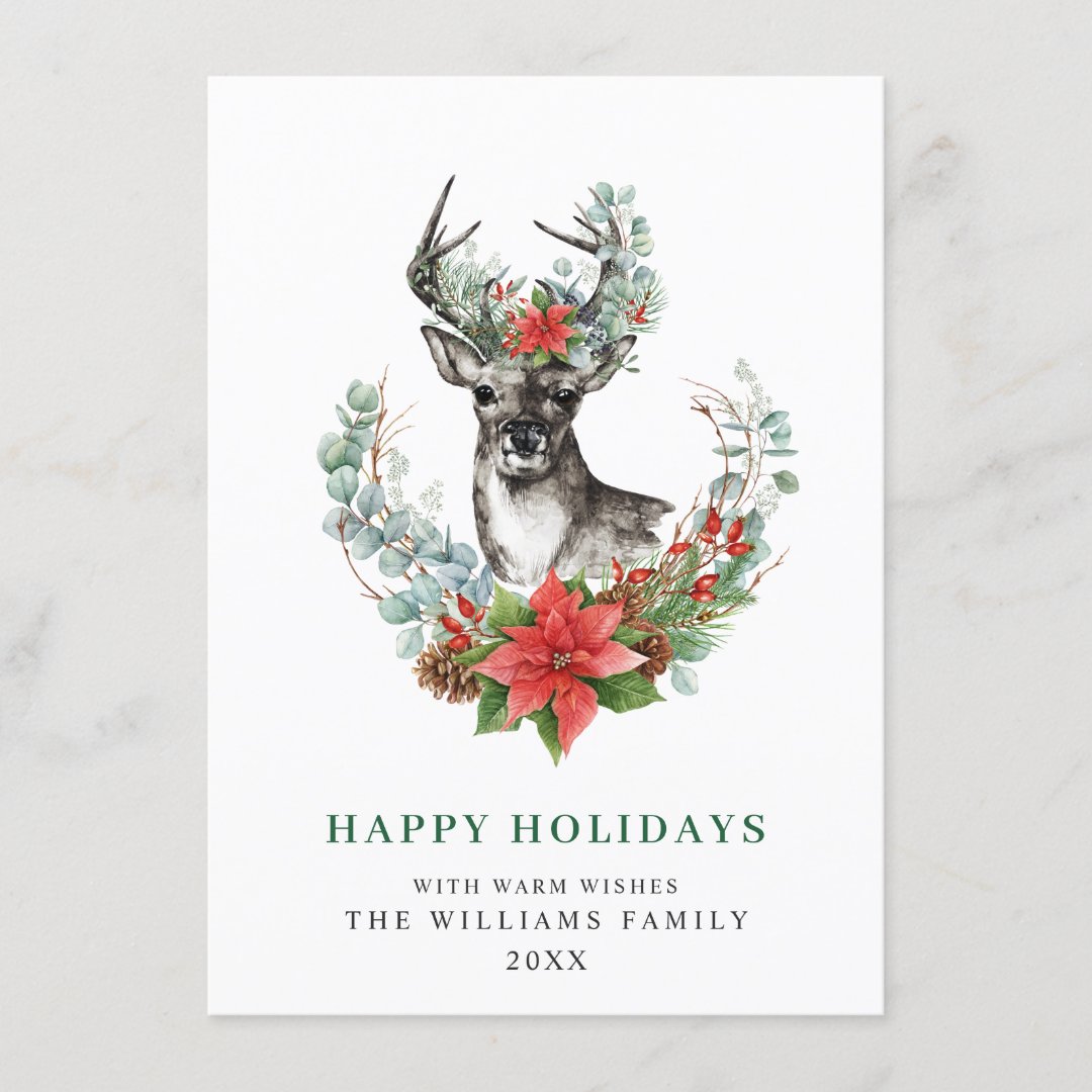 Elegant Christmas Deer Poinsettia Greeting Holiday Card | Zazzle