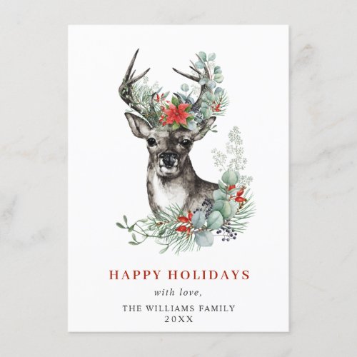 Elegant Christmas Deer Poinsettia Greeting Holiday Card