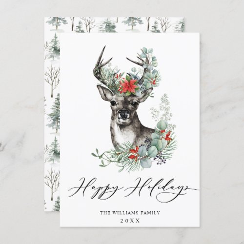 Elegant Christmas Deer Poinsettia Greeting Holiday Card