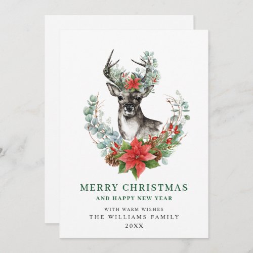 Elegant Christmas Deer Poinsettia Greeting Holiday Card