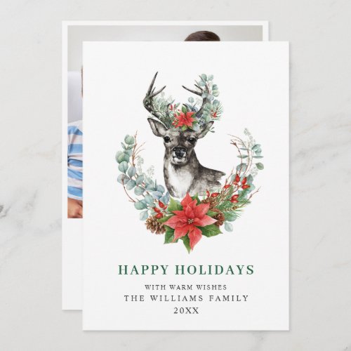 Elegant Christmas Deer Poinsettia Greeting Photo Holiday Card