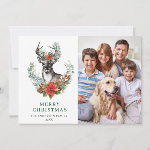 Elegant Christmas Deer Poinsettia Greeting PHOTO Holiday Card