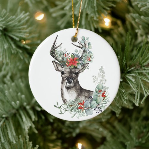 Elegant Christmas Deer Poinsettia Holiday Ceramic Ornament