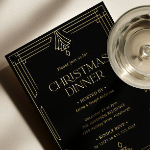 Elegant Christmas Dinner Black and Gold Foil Invitation