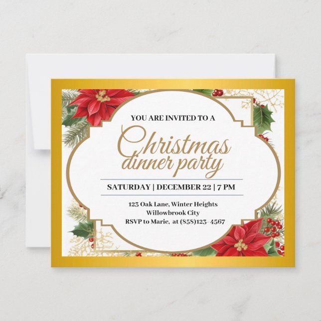 Elegant Christmas Dinner Party Gold & Poinsettia  Invitation (Front)