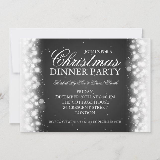 Elegant Christmas Dinner Party Magic Sparkle Black Invitation (Front)