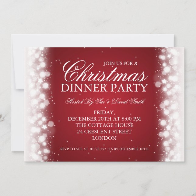 Elegant Christmas Dinner Party Magic Sparkle Red Invitation (Front)