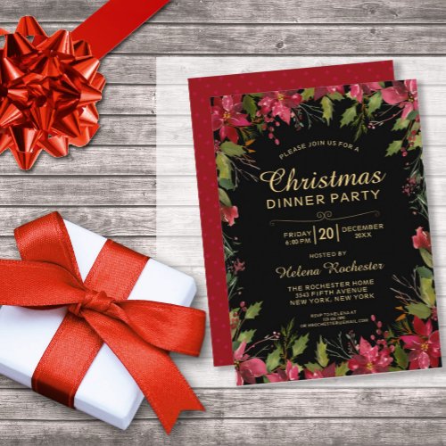 Elegant Christmas Dinner Party Pretty Poinsetta Invitation