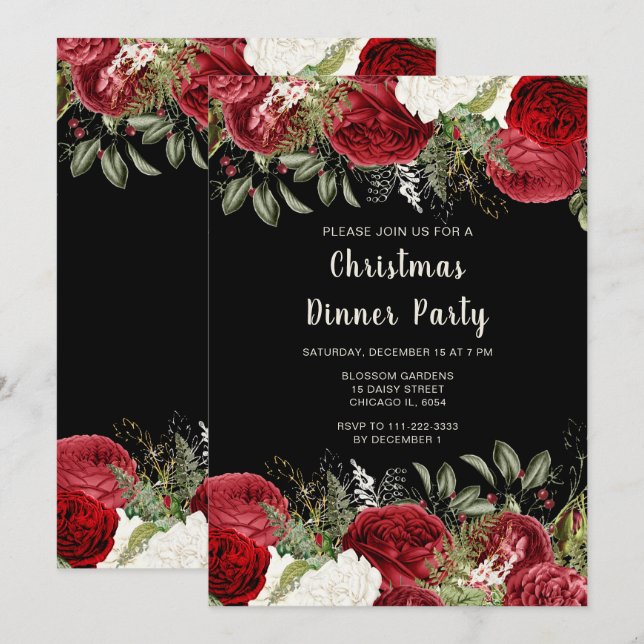 Elegant Christmas Dinner Party Red Flowers Invitation (Front/Back)