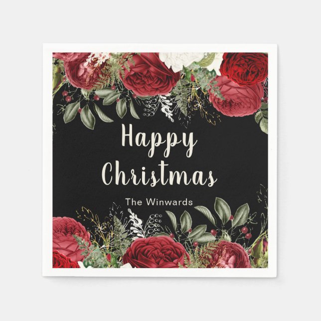 Elegant Christmas Dinner Party Red Flowers Napkins (Front)