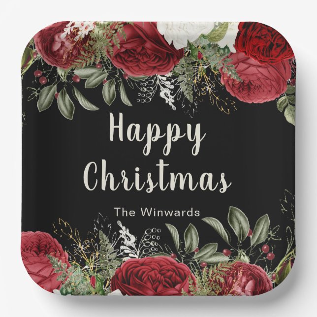 Elegant Christmas Dinner Party Red Flowers Paper Plates (Front)