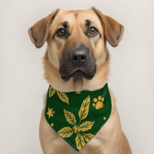 Elegant Christmas Dog Bandana – Gold & Green Holly Pet Bandana Collar
